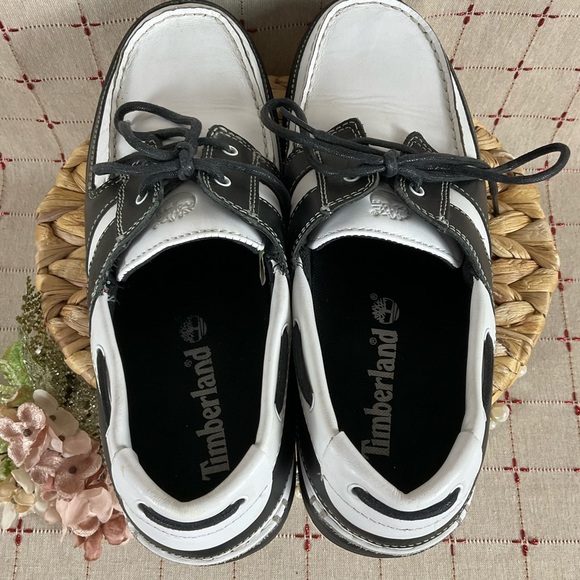 Timberland Boat Shoes Mens Size 11.5 Black & White Leather Deck Shoes PreLoved - Picture 6 of 10